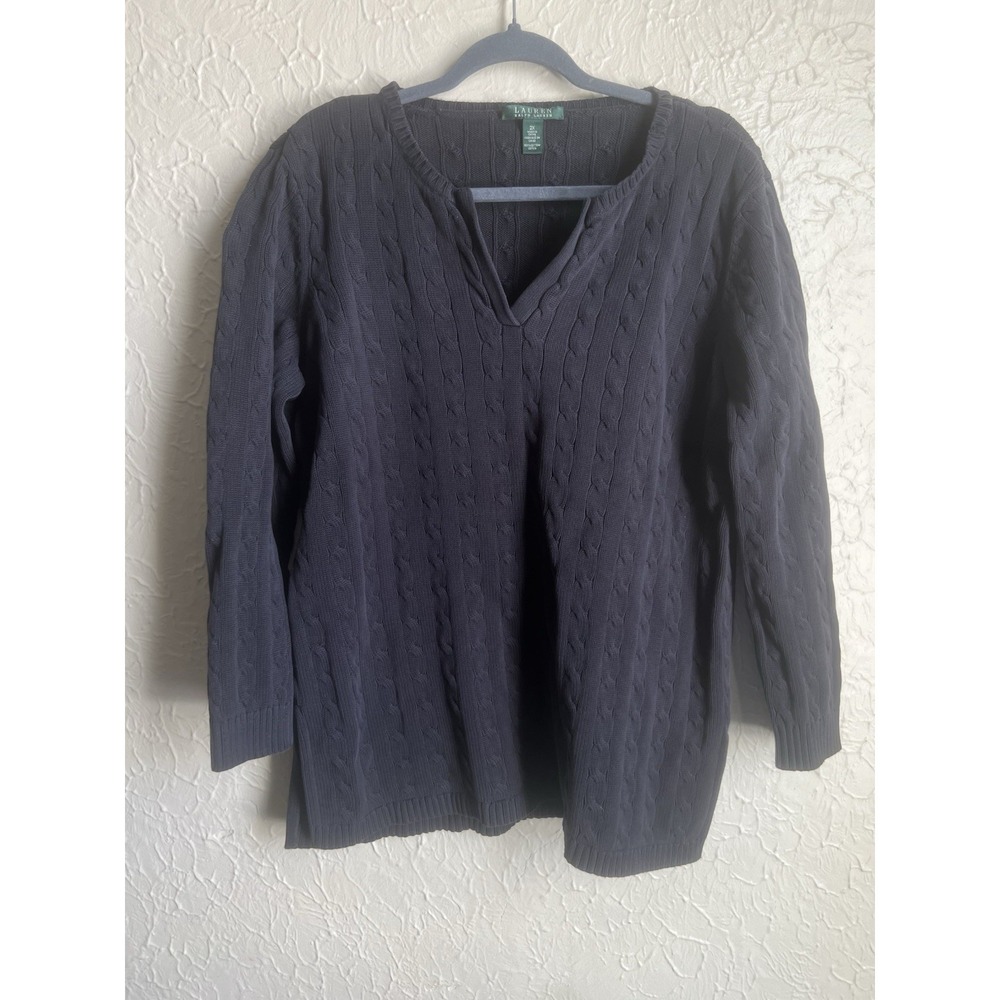LRL Ralph Lauren Sweater 2X Navy Blue Cable Knit Split V-Neck Pullover Top